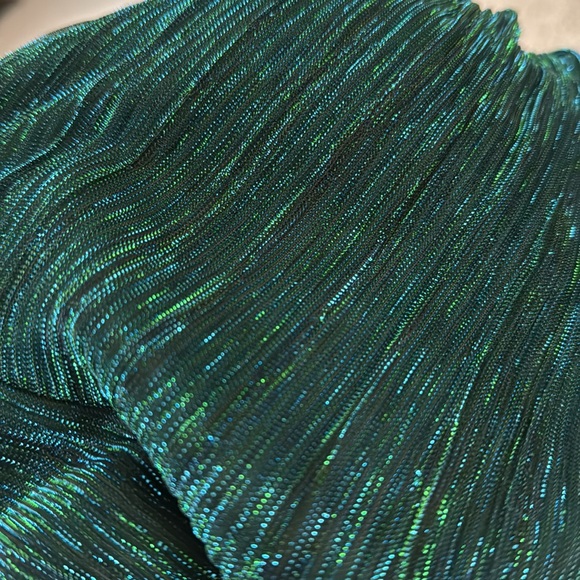 Peacock Blue/Jade Green metallic long halter dress with pockets worn once - Picture 2 of 3